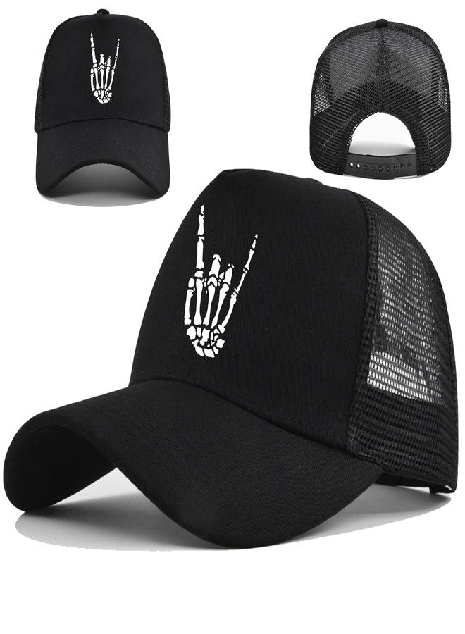 viofre Skull Finger Baseball Cap for Men Mesh Black Trucker Hat for Women Mens Funny Skeleton Hand Baseball Hats Halloween Skateboard Accessories Skull Horror Hat Adjustable Snapback Hats for Men Sun Caps - Image 1